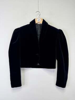 Vintage 80s Laura Ashley Black Velvet Cropped Blazer 8 Puff Sleeve Romantic Goth
